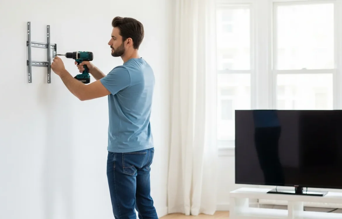 A man carefully installs a wall mount TV in an apartment living room to ensure the security deposit is safe.