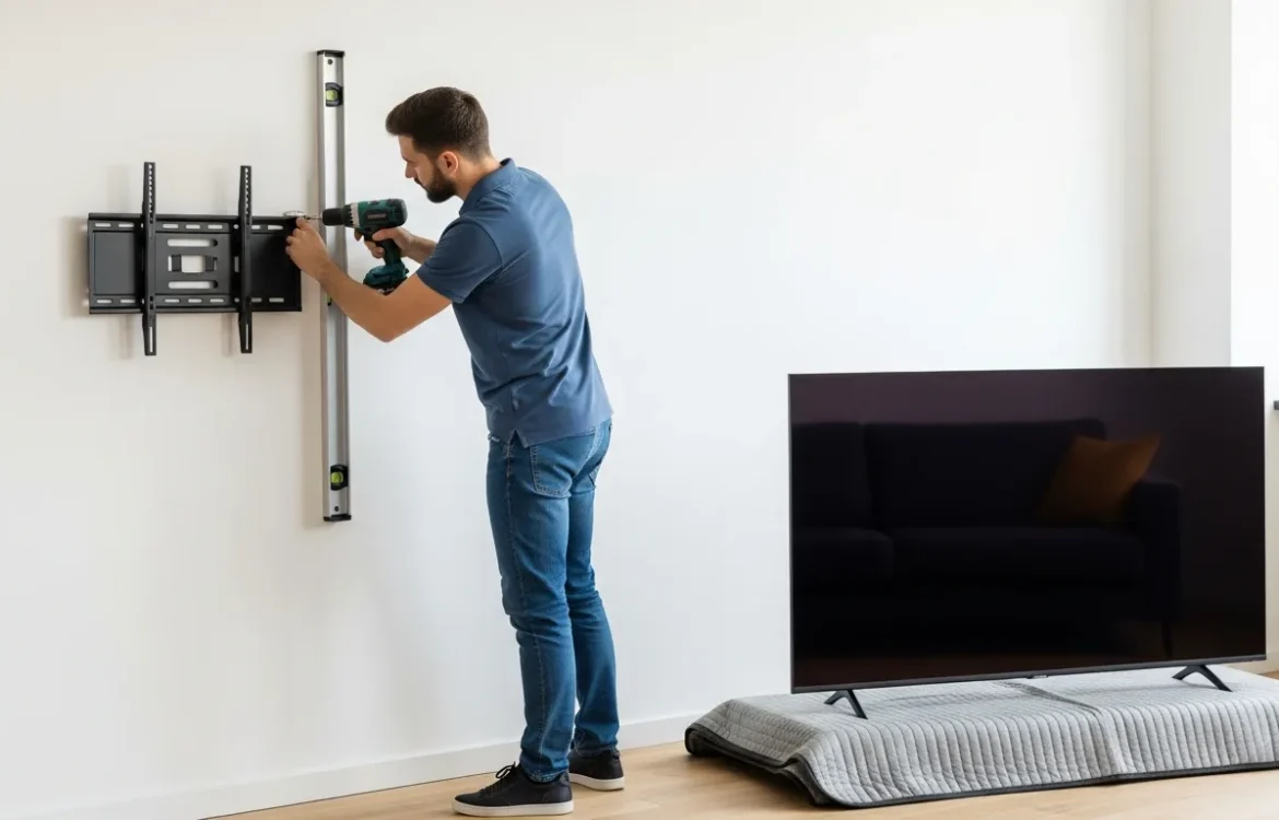 A man carefully installing a wall mount TV in apartment living room to avoid wall damage.