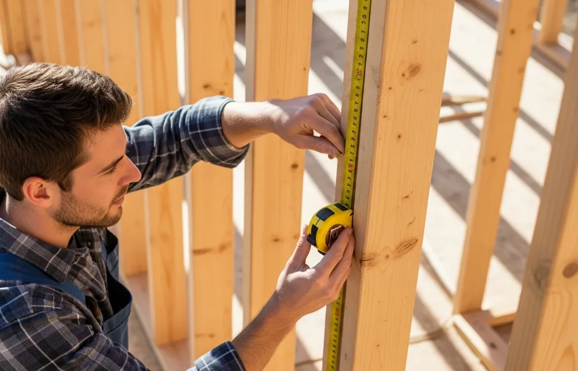 A professional tape measure showing how far apart wall studs are during the framing of a residential house.
