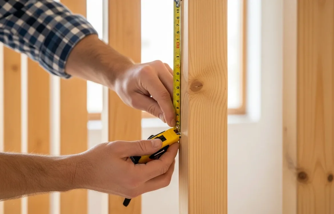 A tape measure showing the standard wall studs distance apart on an unfinished wooden frame.