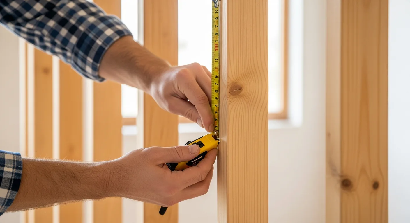 A tape measure showing the standard wall studs distance apart on an unfinished wooden frame.