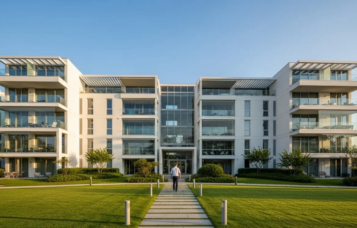 Modern luxury residential building showcasing premium wall township apartments with professional landscaping.