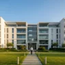 Modern luxury residential building showcasing premium wall township apartments with professional landscaping.