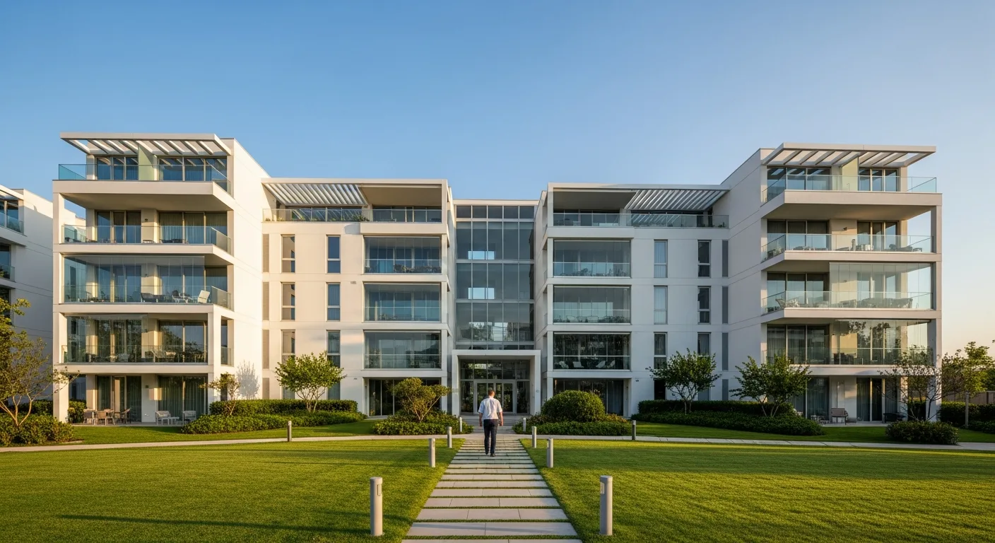Modern luxury residential building showcasing premium wall township apartments with professional landscaping.