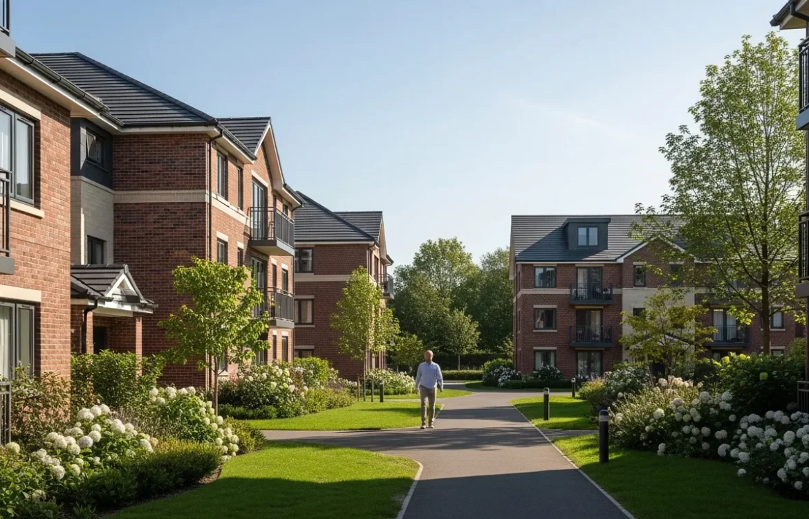 Modern exterior view of Wallen Hills Apartments Fort Wayne with red brick architecture and manicured green lawns.