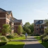 Modern exterior view of Wallen Hills Apartments Fort Wayne with red brick architecture and manicured green lawns.
