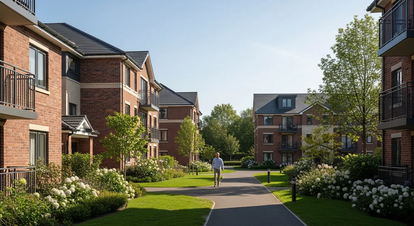 Modern exterior view of Wallen Hills Apartments Fort Wayne with red brick architecture and manicured green lawns.