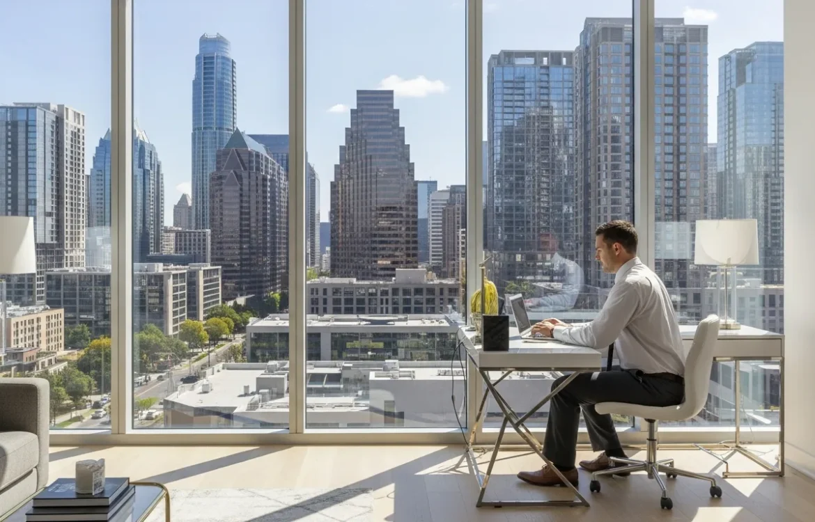 Modern interior of Waller Apartments Austin featuring a professional workspace with a view of the city skyline.