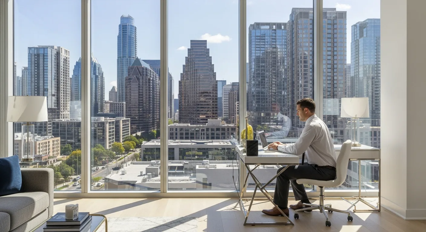 Modern interior of Waller Apartments Austin featuring a professional workspace with a view of the city skyline.