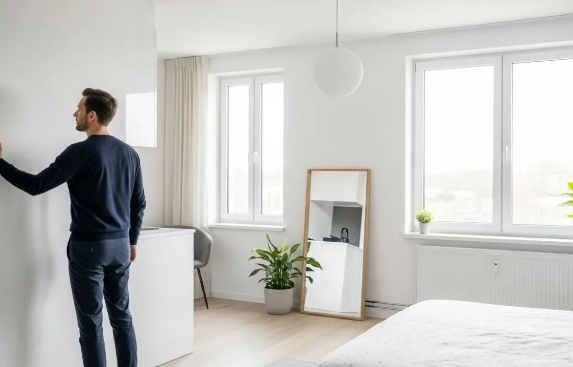 A man inspecting the pristine white interior of one of the walls apartments during a move-in tour.