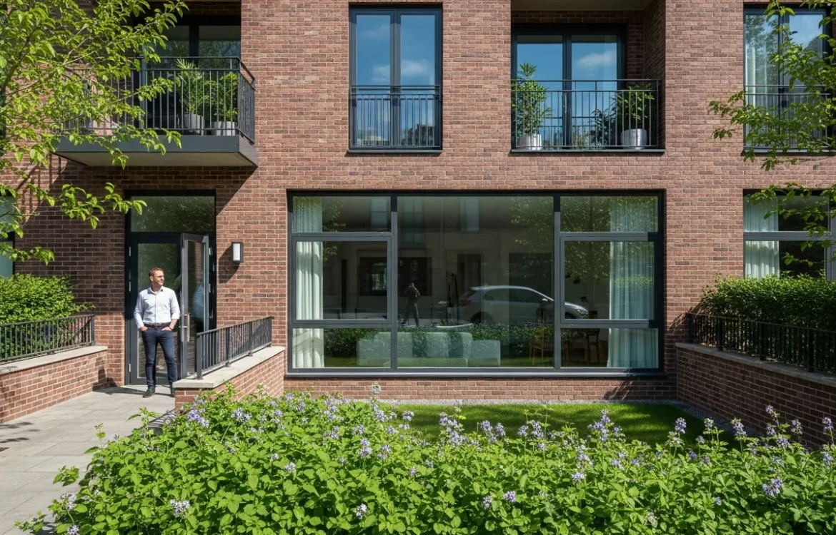 Exterior of a modern apartment unit showing what does garden level mean in real estate.