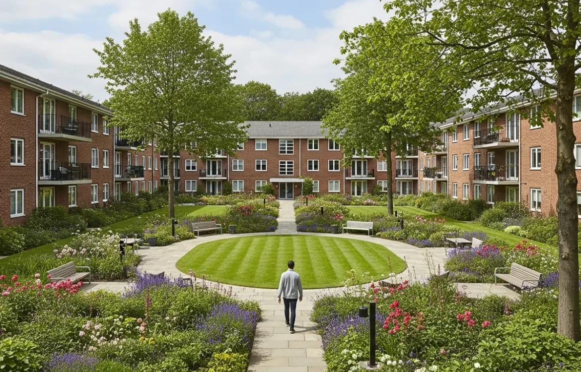 A lush residential complex illustrating why are they called garden apartments with green lawns and open courtyards.