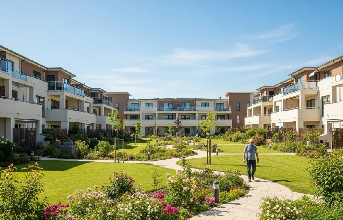 A man walking through a lush courtyard, illustrating why choose a garden style apartment over a condo.