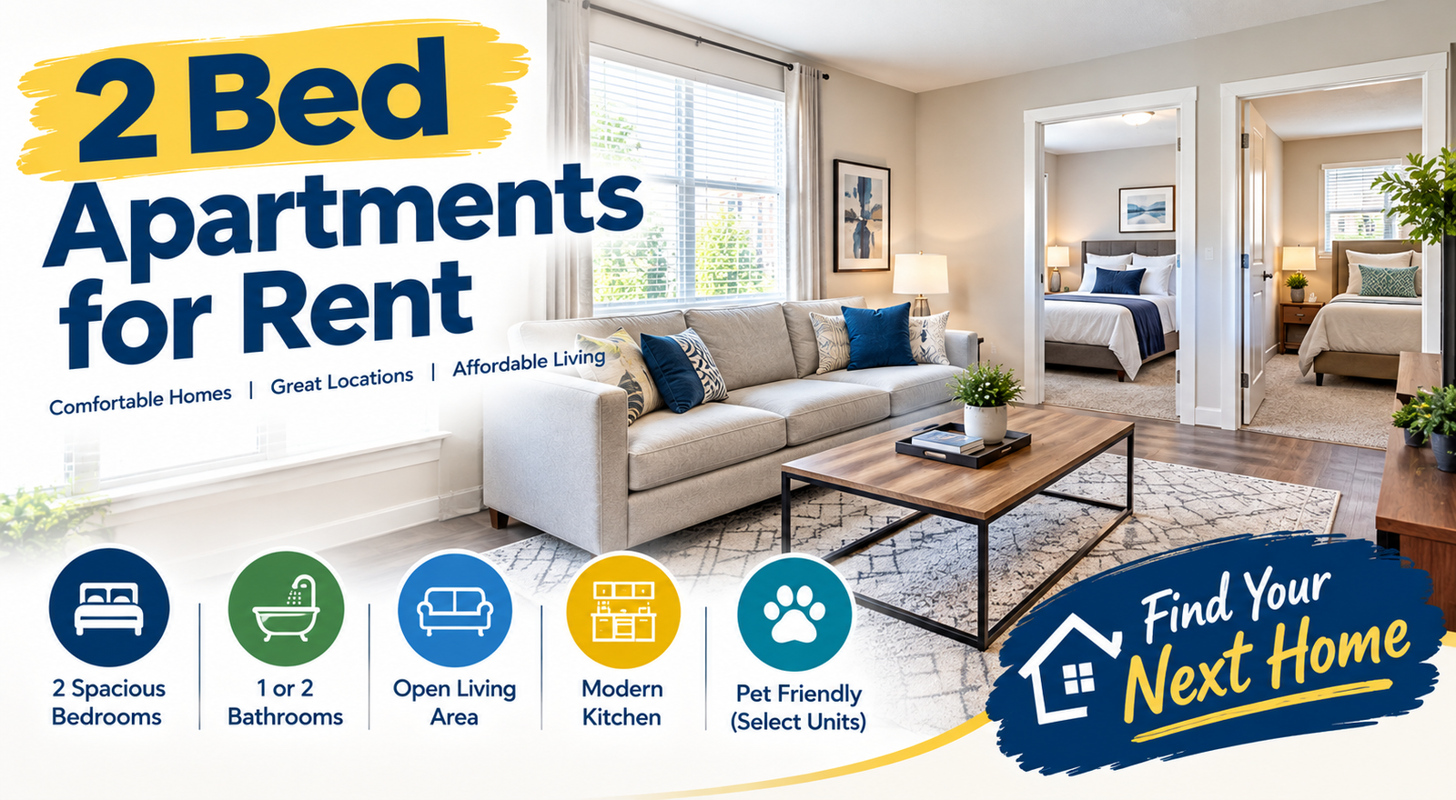 2 bed apartments for rent with modern living space and comfortable bedrooms