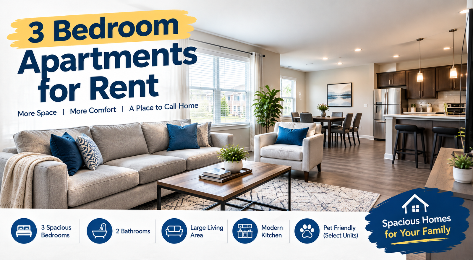 3 bedroom apartments for rent with spacious living area and modern kitchen