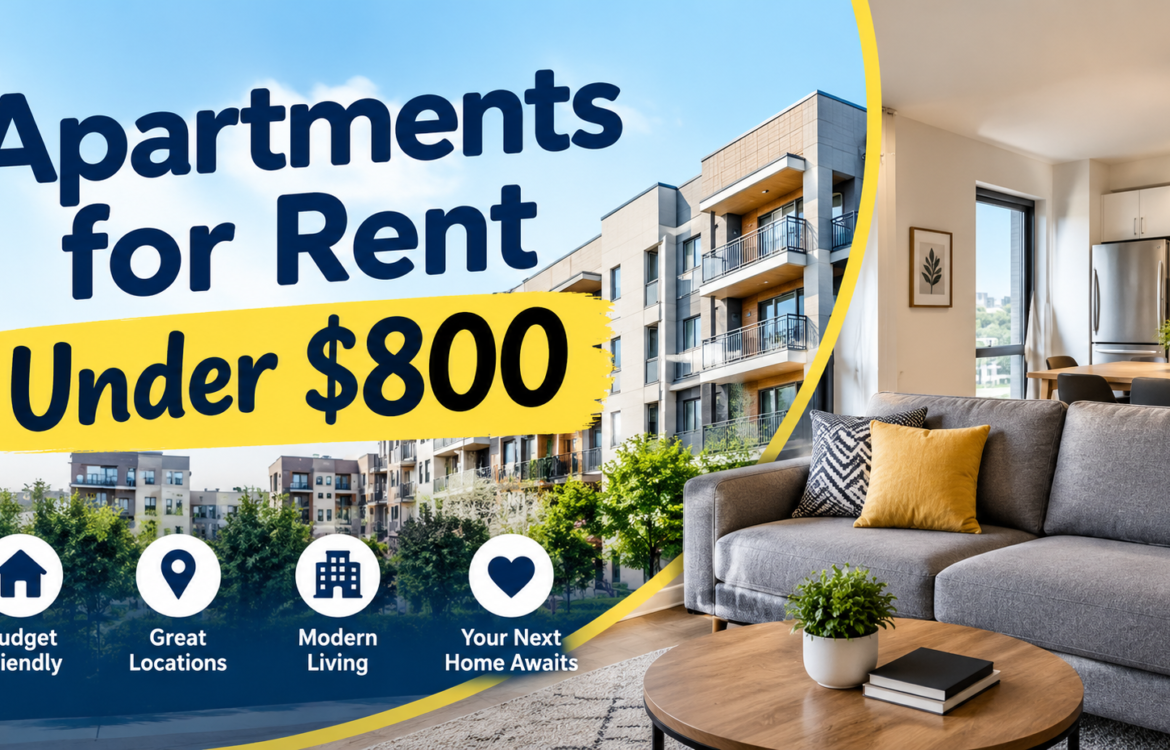 Apartments for rent under $800 with modern apartment buildings and a cozy living room.