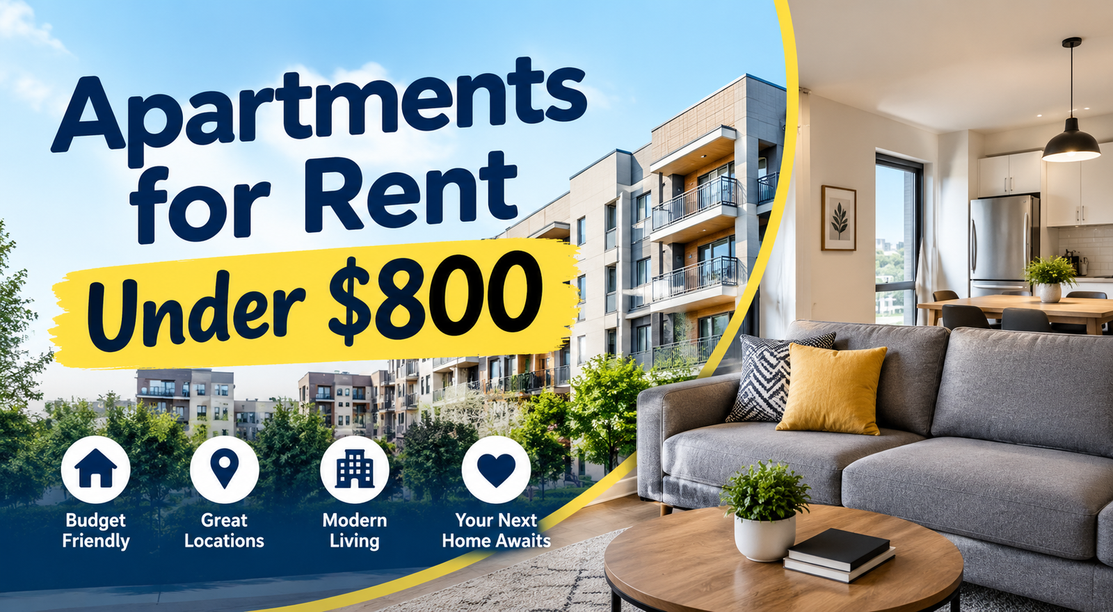Apartments for rent under $800 with modern apartment buildings and a cozy living room.