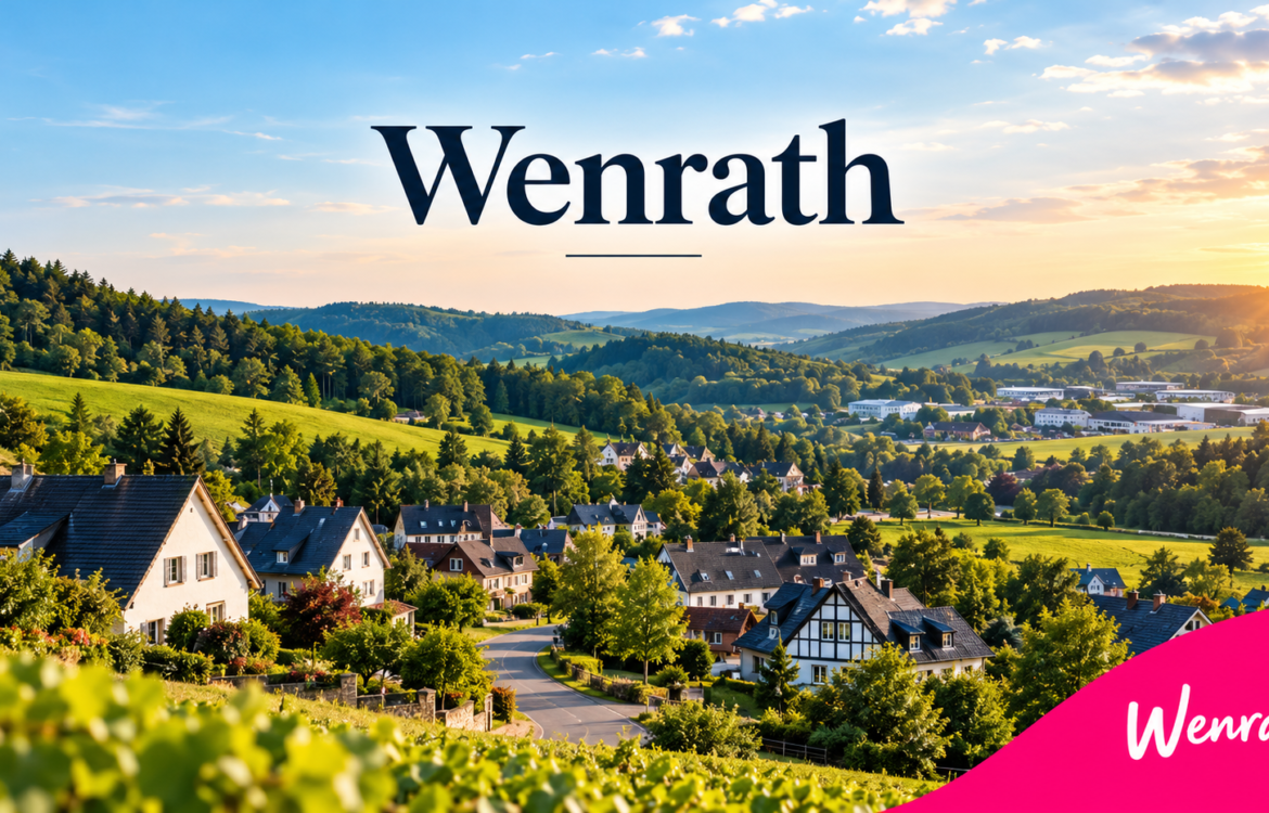 Wenrath title over a scenic European countryside village with green hills, houses, and a pink decorative banner.